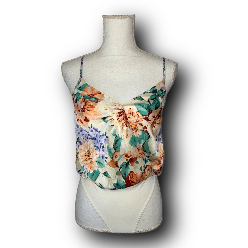 Express Floral Satin Bloused Wrapped Silhouette Bodysuit Fall Base Layer Vibes
